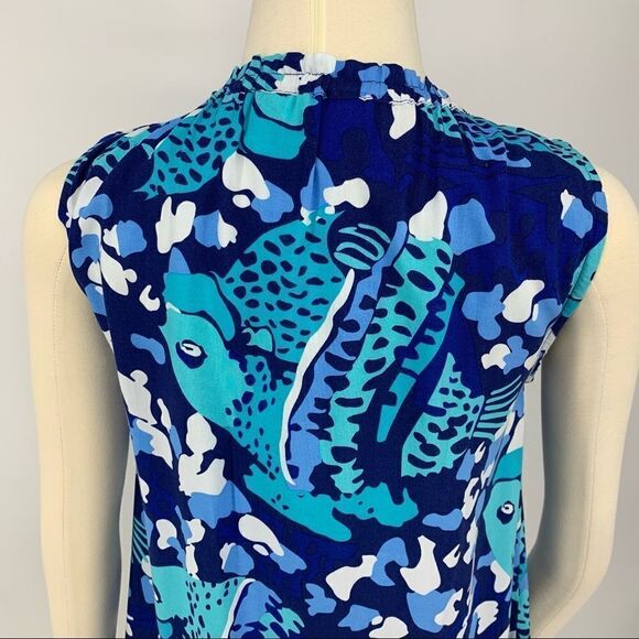 New Escapada Living Aegean Blue Fish Print Drawstring Neck Casual Beach Top [xs] - Picture 4 of 9
